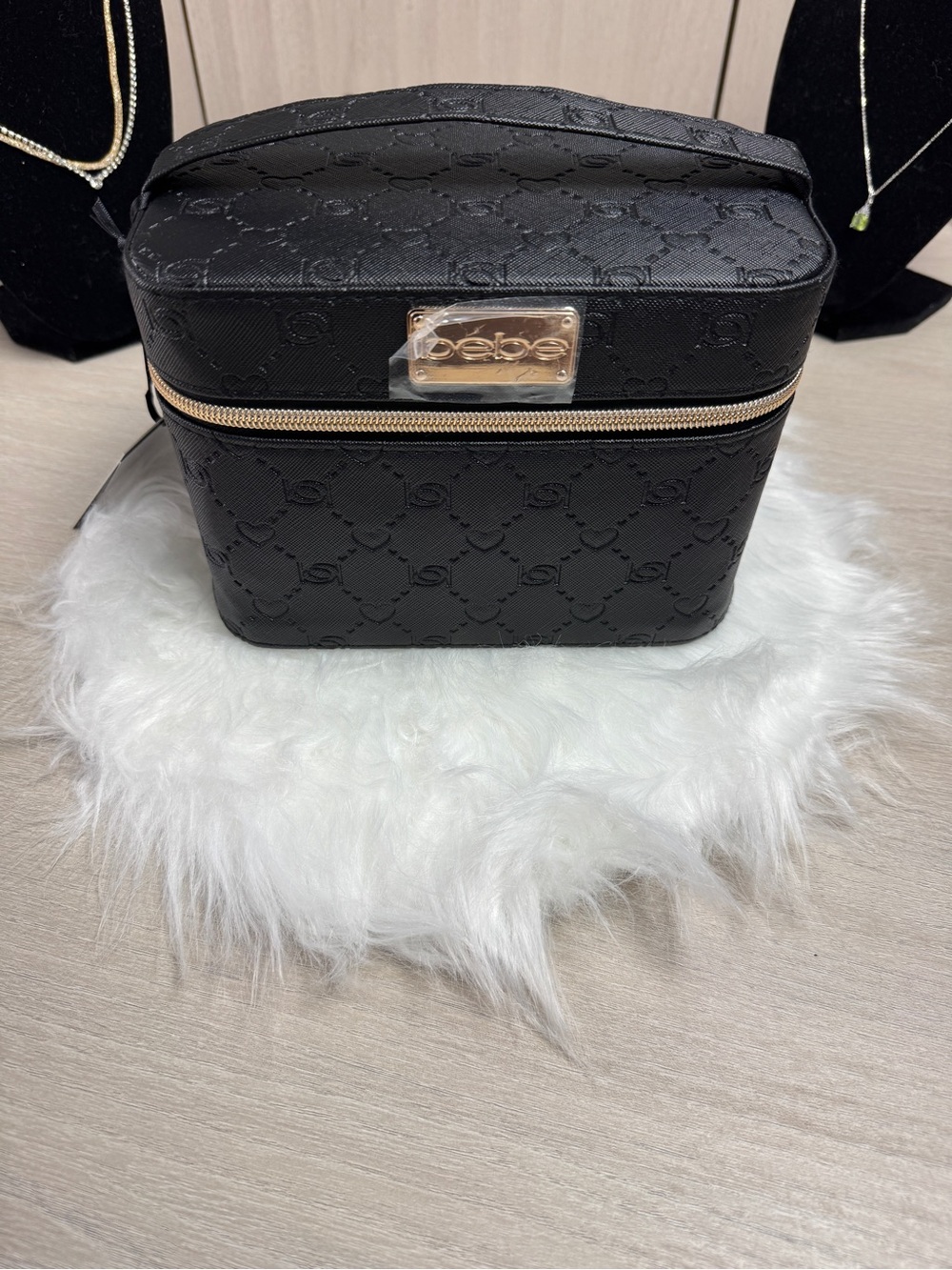bebe Black Embossed Cosmetic Train Case with Gold Accents